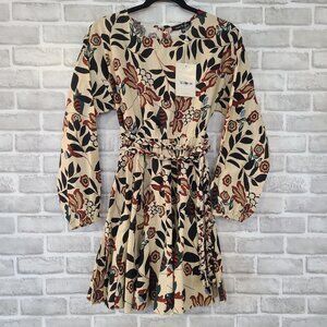 Jacquie The Label Floral Print Long Sleeve Pleated Mini Dress S Cotton Boho NEW